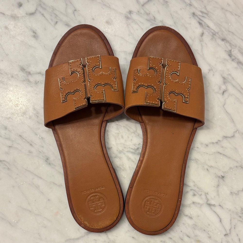 Tory Burch Tan Leather Logo Slide Sandals